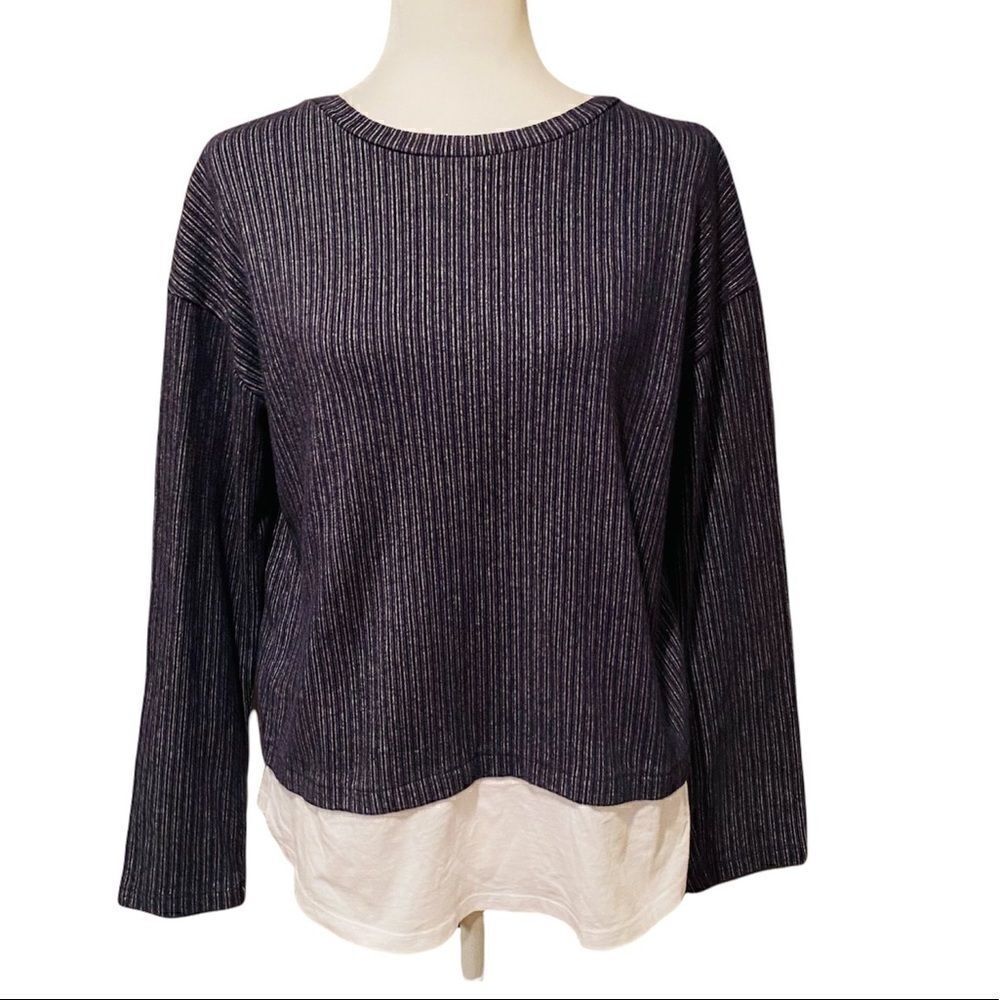 Zara Sweater Blue & Grey Stripe Size Small Faux Undershirt At Bottom